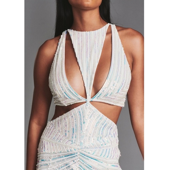 NWT RETROFETE Hand Stitched Iridescent Sequin Geo Cutout Sleeveless Mini Dress M - Picture 3 of 8